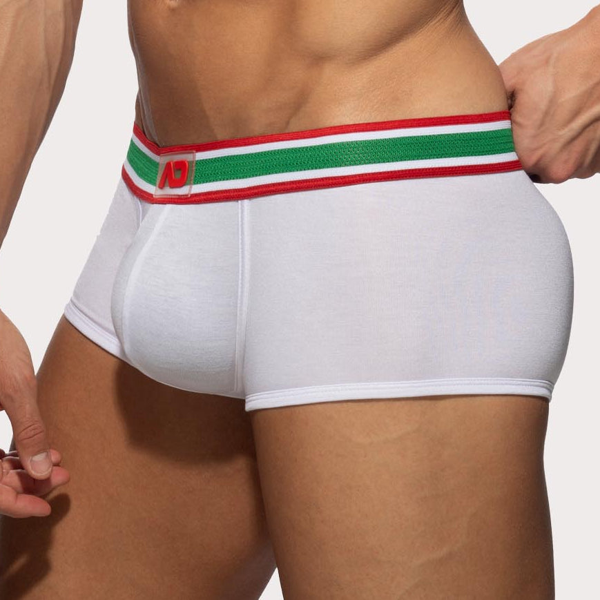 Addicted Super Soft Trunk - Auffällige Boxershorts für Männer mit großzügigem Pouch und Racing Streifen am Bund in weiß