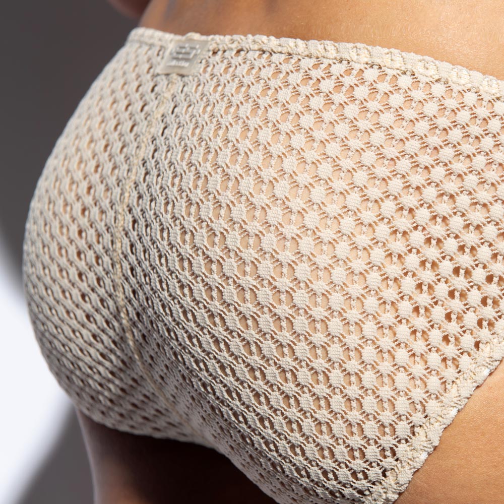 ES Collection Brisa Bikini Brief - Transparenter Mesh Slip für Männer im Crochet Style in beige, back