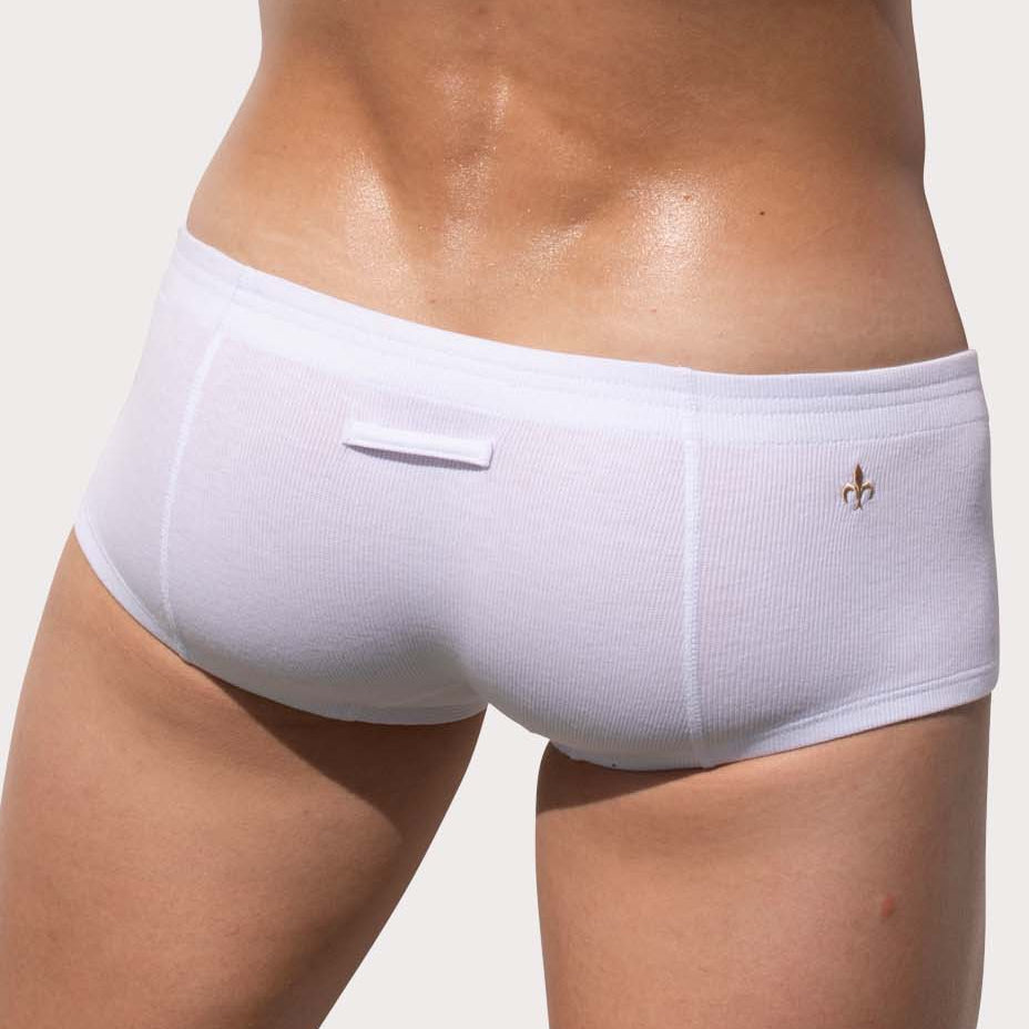 Marcuse Waterboy Boxer - sexy Low-Rise Mini Pants mit Knopf-Eingriff, weiß, back