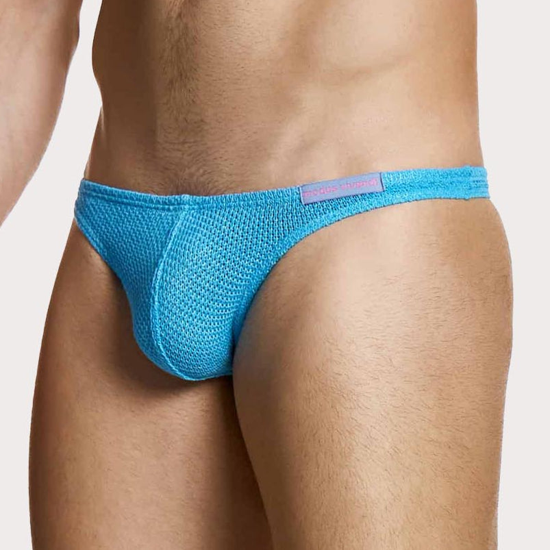 Modus Vivendi Micro Knit Thong - Ausgefallener String Tanga für Männer aus hell-blauem Strickstoff, side