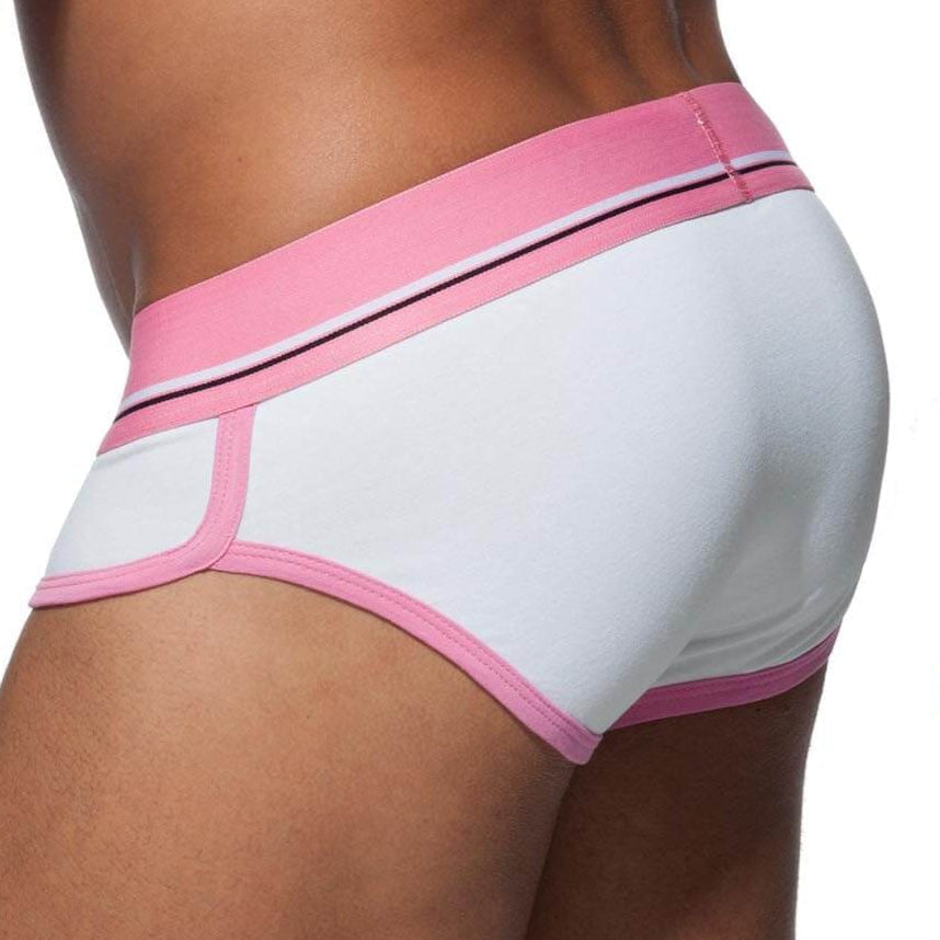 Stylischer Herren Slip in weiß mit rosa Kontrasten 'CURVE BRIEF' aus der Addicted Underwear Kollektion, Rückansicht