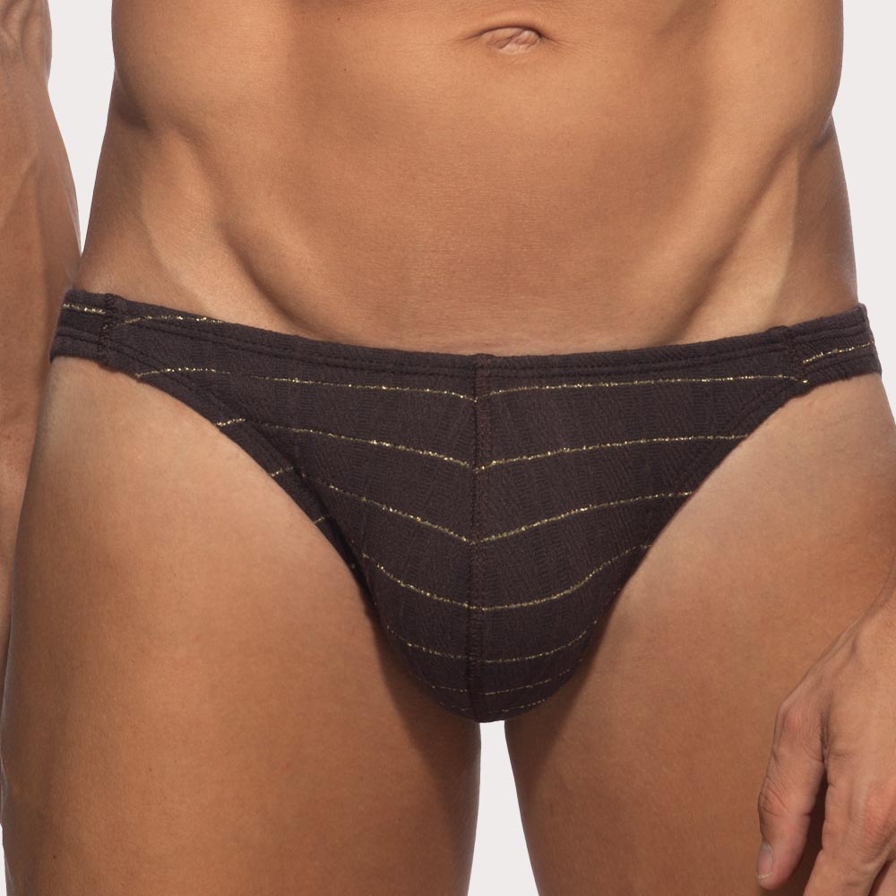 Addicted Opal Bikini Brief - Herren Slip mit Struktur und goldenen Glanzfäden in braun, front