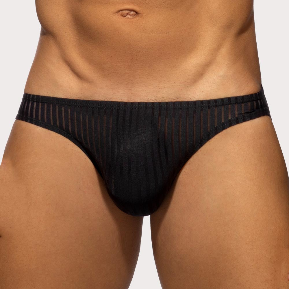 Addicted Black Stripe Bikini Brief - durchsichtig gestreifter Mini-Slip für Männer in schwarz, front