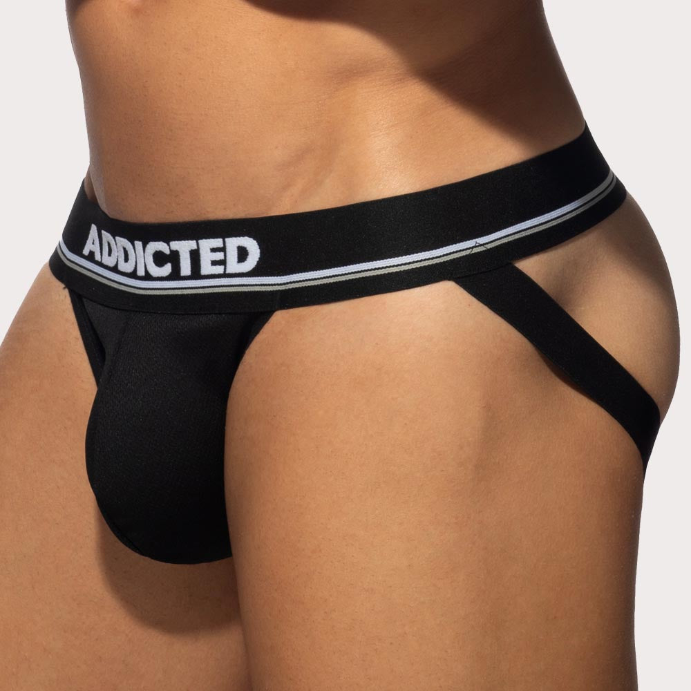 Addicted Basic Jock AD2323 - sportlicher Herren Jockstrap aus atmungsaktivem Micro Mesh Fabrikat in schwarz, side