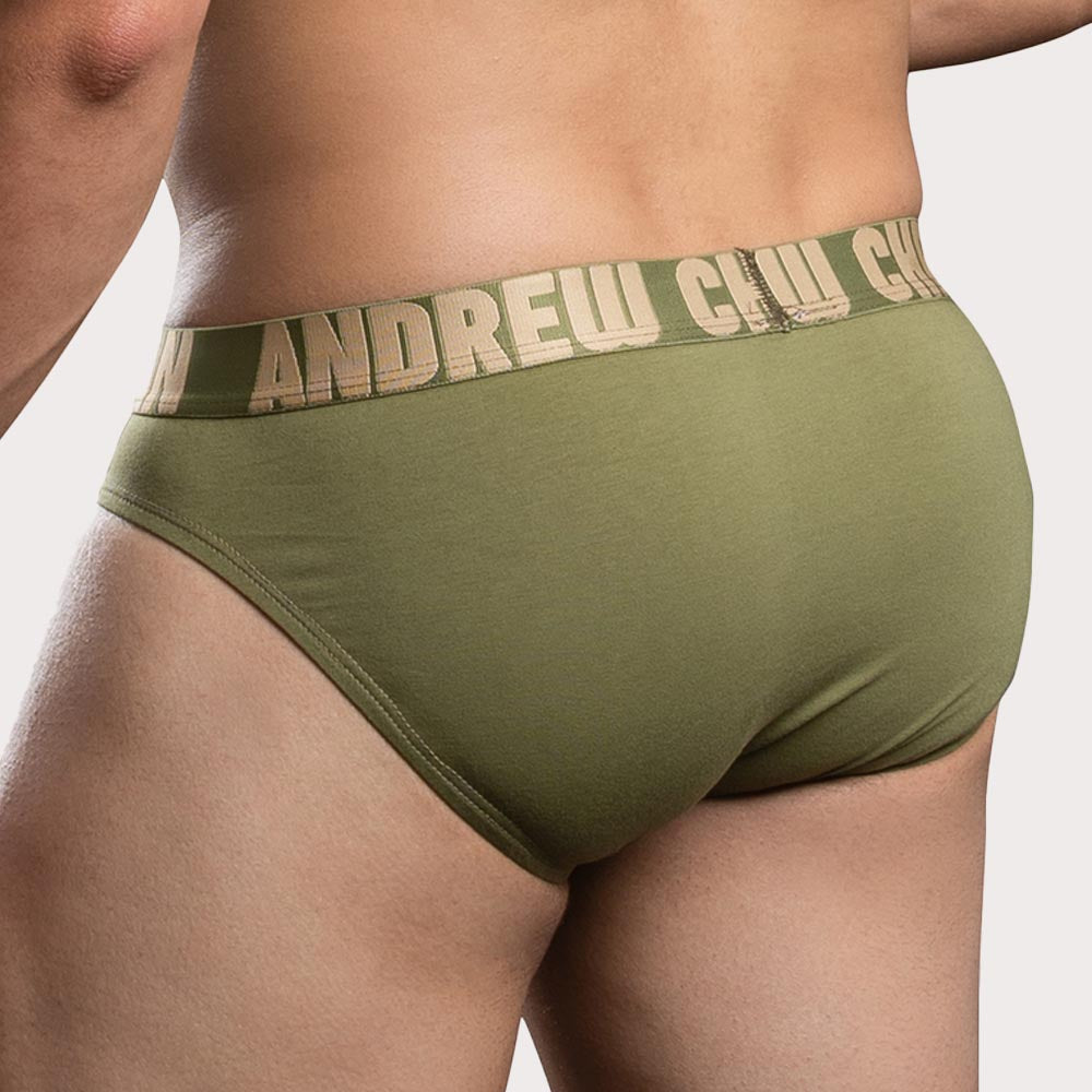 Andrew Christian Happy Cotton Brief - figurbetonter Herren Slip mit Almost Naked Pouch in khaki, back