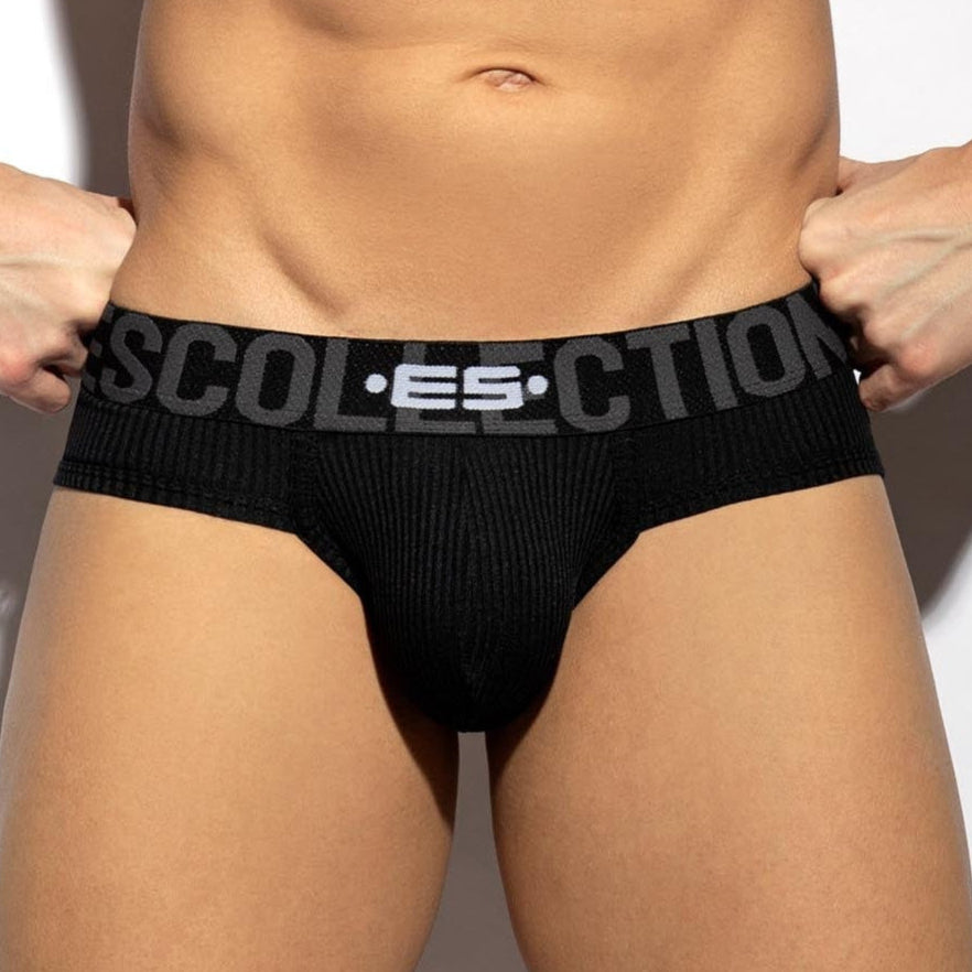 ES Collection RECYCLED RIB BRIEF - schwarzer Premium Slip mit geripptem Stoff, front