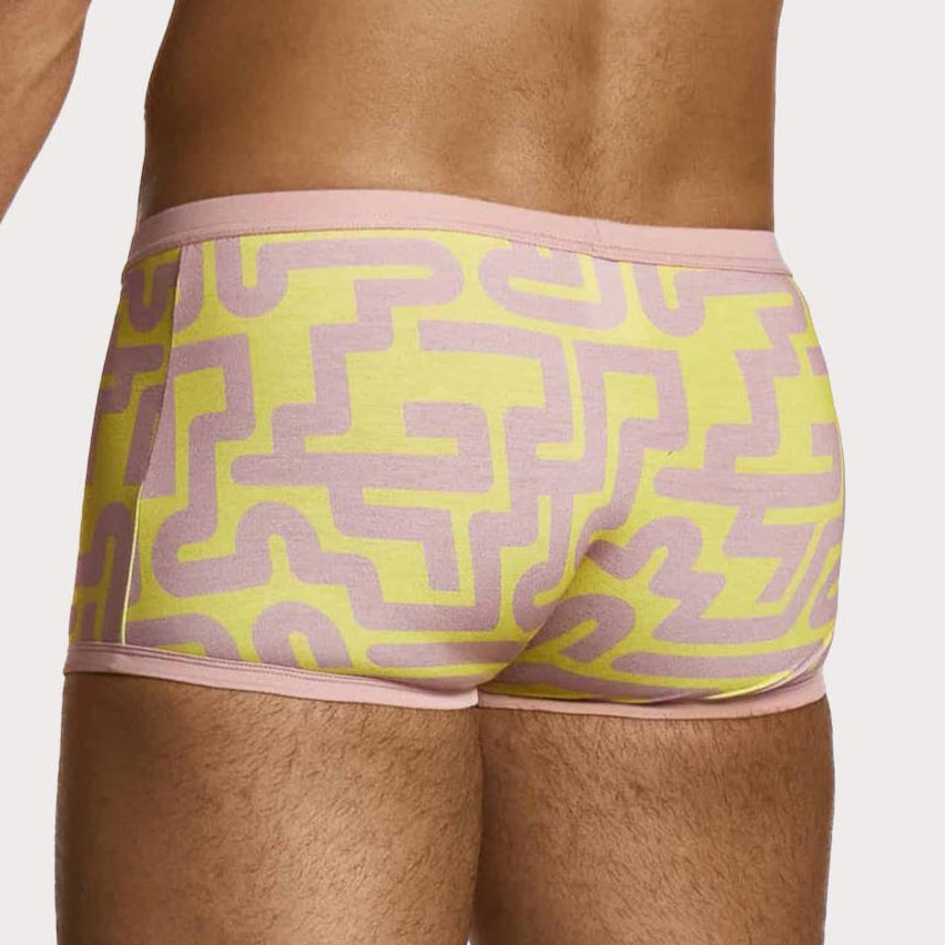 Modus Vivendi Labyrinth Boxer - Low-Rise Boxershorts für Männer mit ausgefallenem Muster in Dusty pink und gelb, back