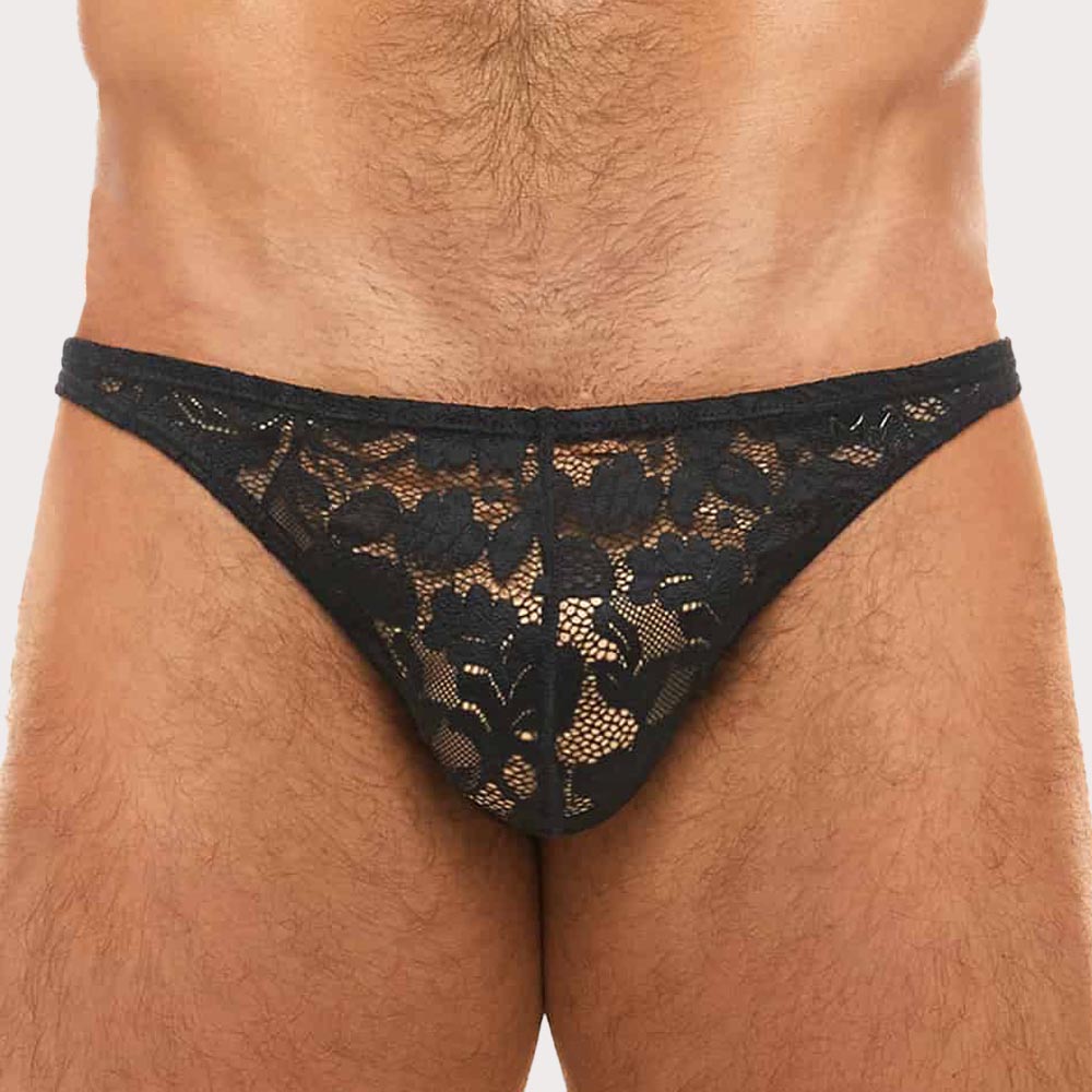 Modus Vivendi Floral Lace Low-Cut Brief - knapper Männer Slip aus Spitze mit floralem Muster in schwarz