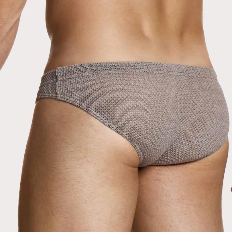 Modus Vivendi Micro Knit Brief - Herren Slip aus edlem Strickstoff in braun mit orangem Logo Badge, back