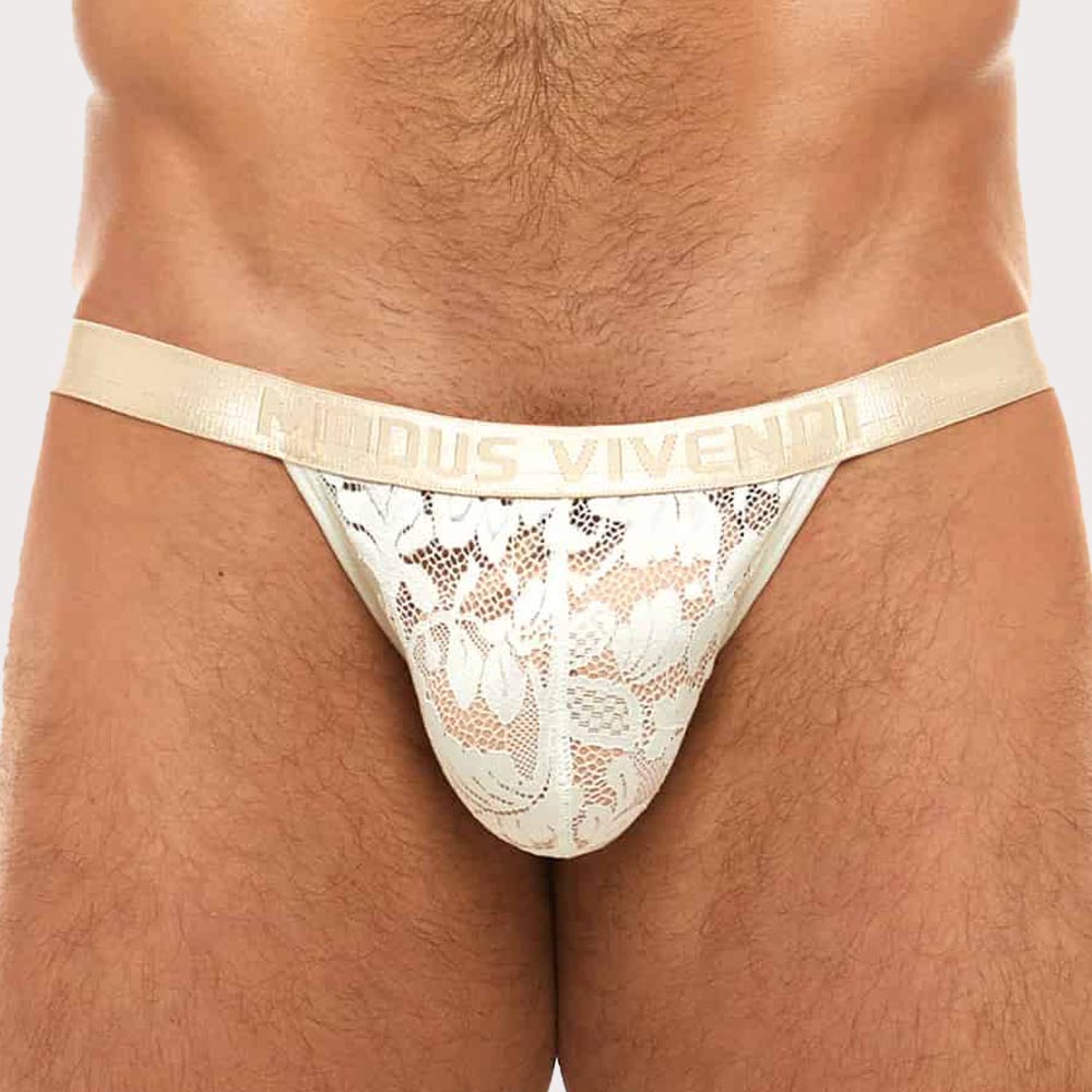 Modus Vivendi Floral Lace Tanga Brief - Slip mit floralem Muster im Tanga-Design für Männer in Ivory