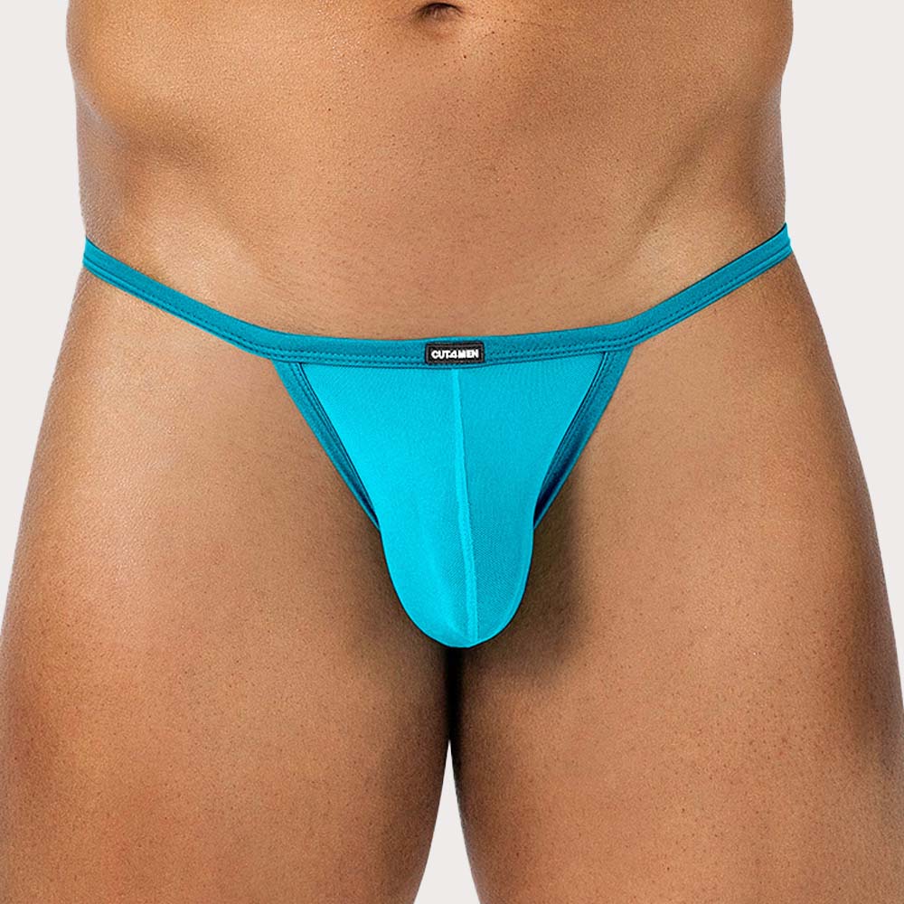 Cut4Men SP4NDEX GLOW Tanga Kini - knapper Herren Tanga aus durchsichtigem Mesh Material in türkis